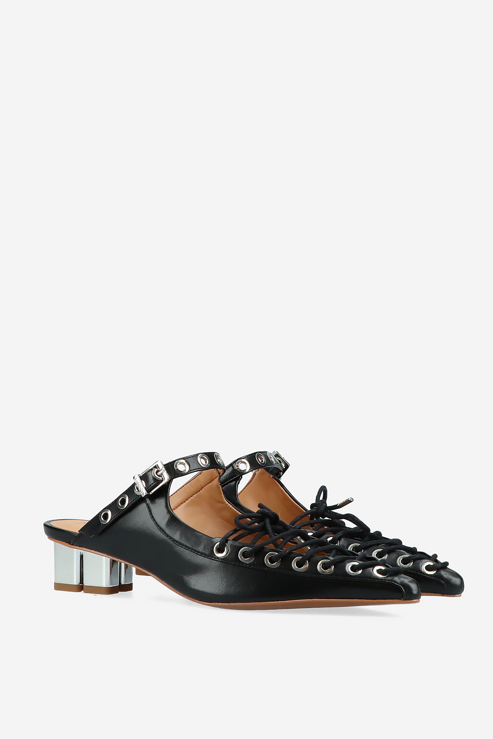 Eyelets lace up crinkle leather mules