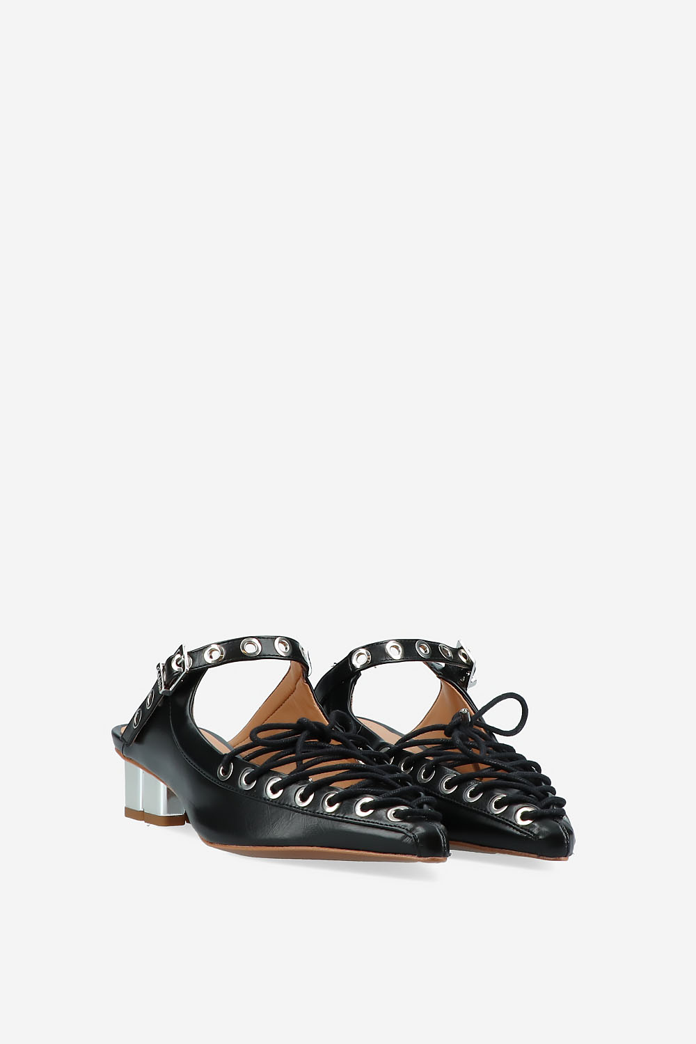 Eyelets lace up crinkle leather mules