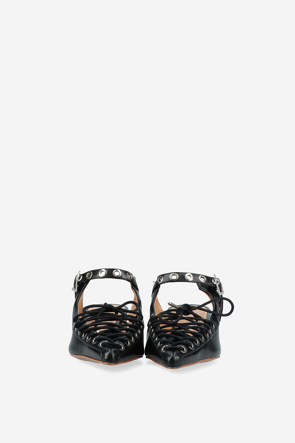Eyelets lace up crinkle leather mules