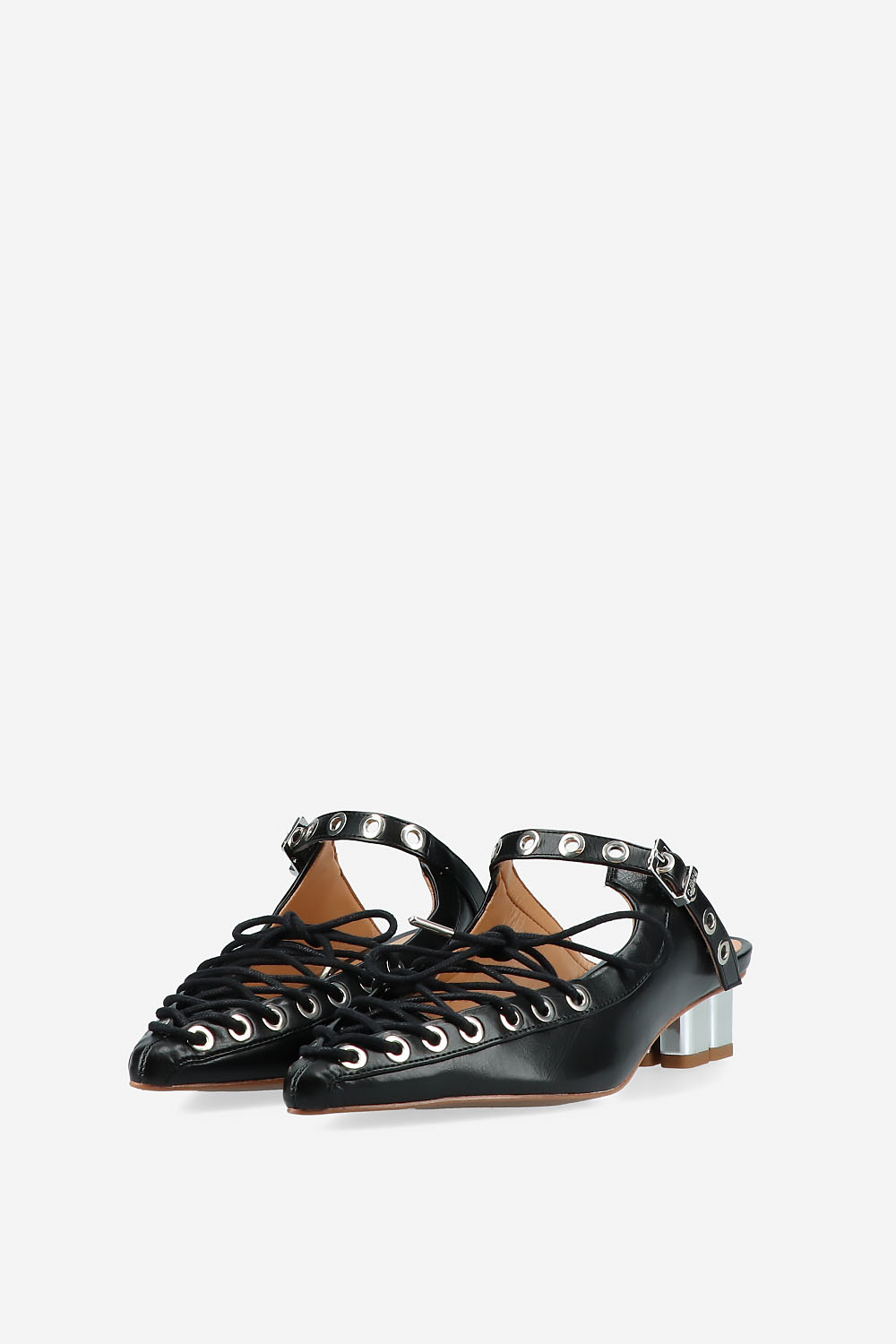 Eyelets lace up crinkle leather mules