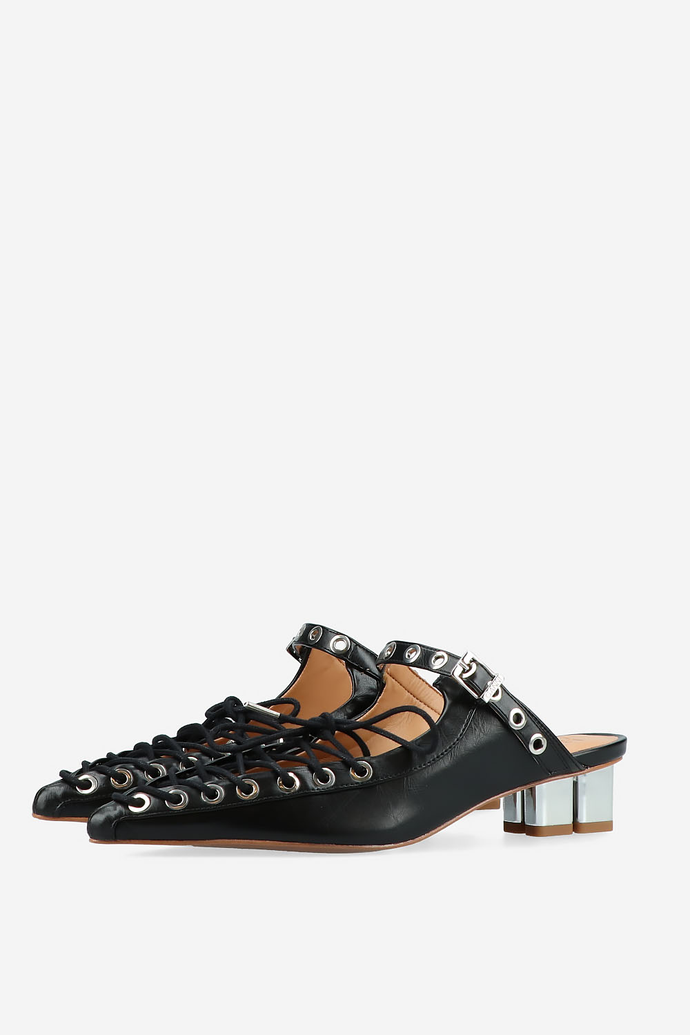 Eyelets lace up crinkle leather mules