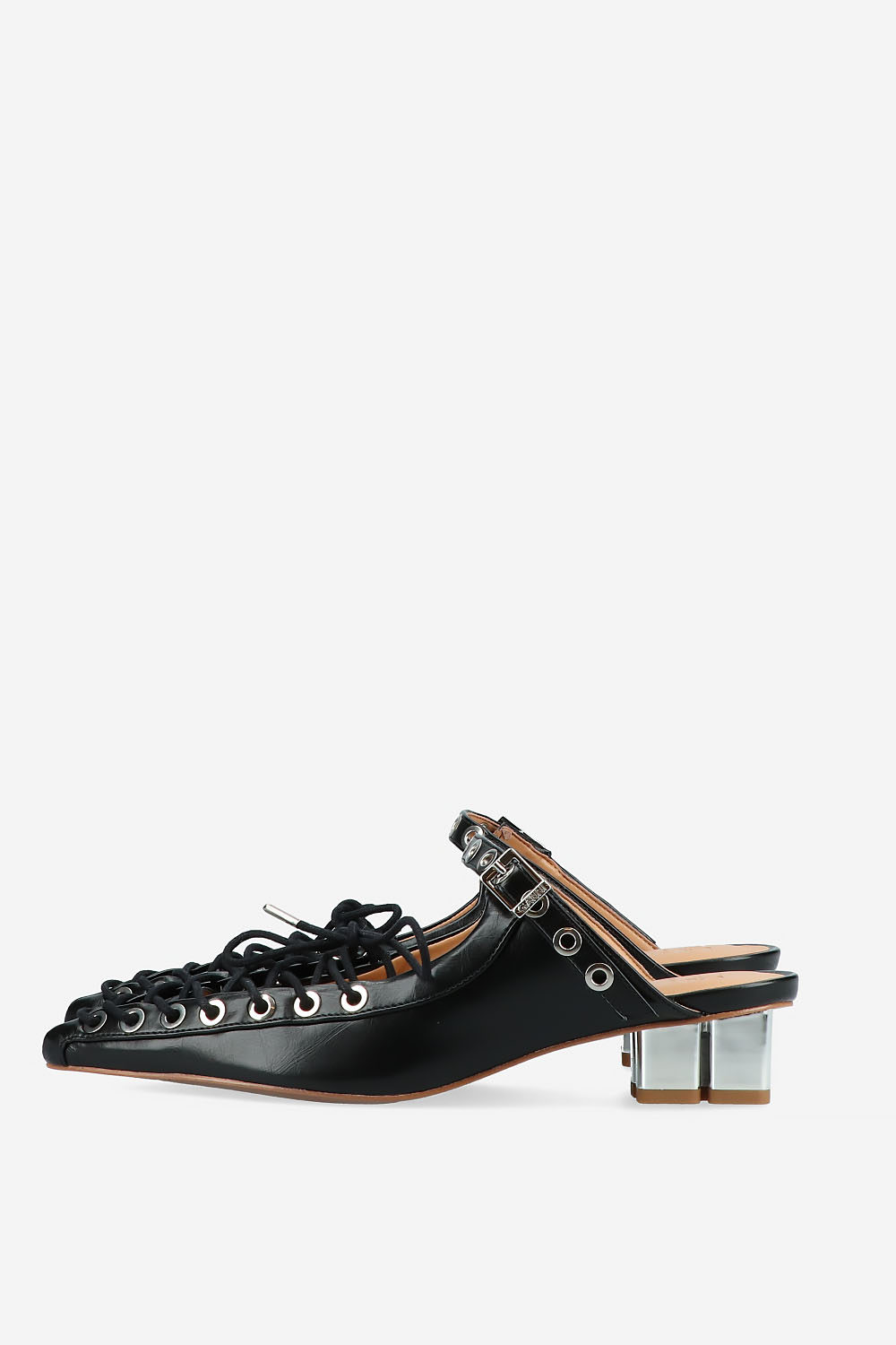 Eyelets lace up crinkle leather mules