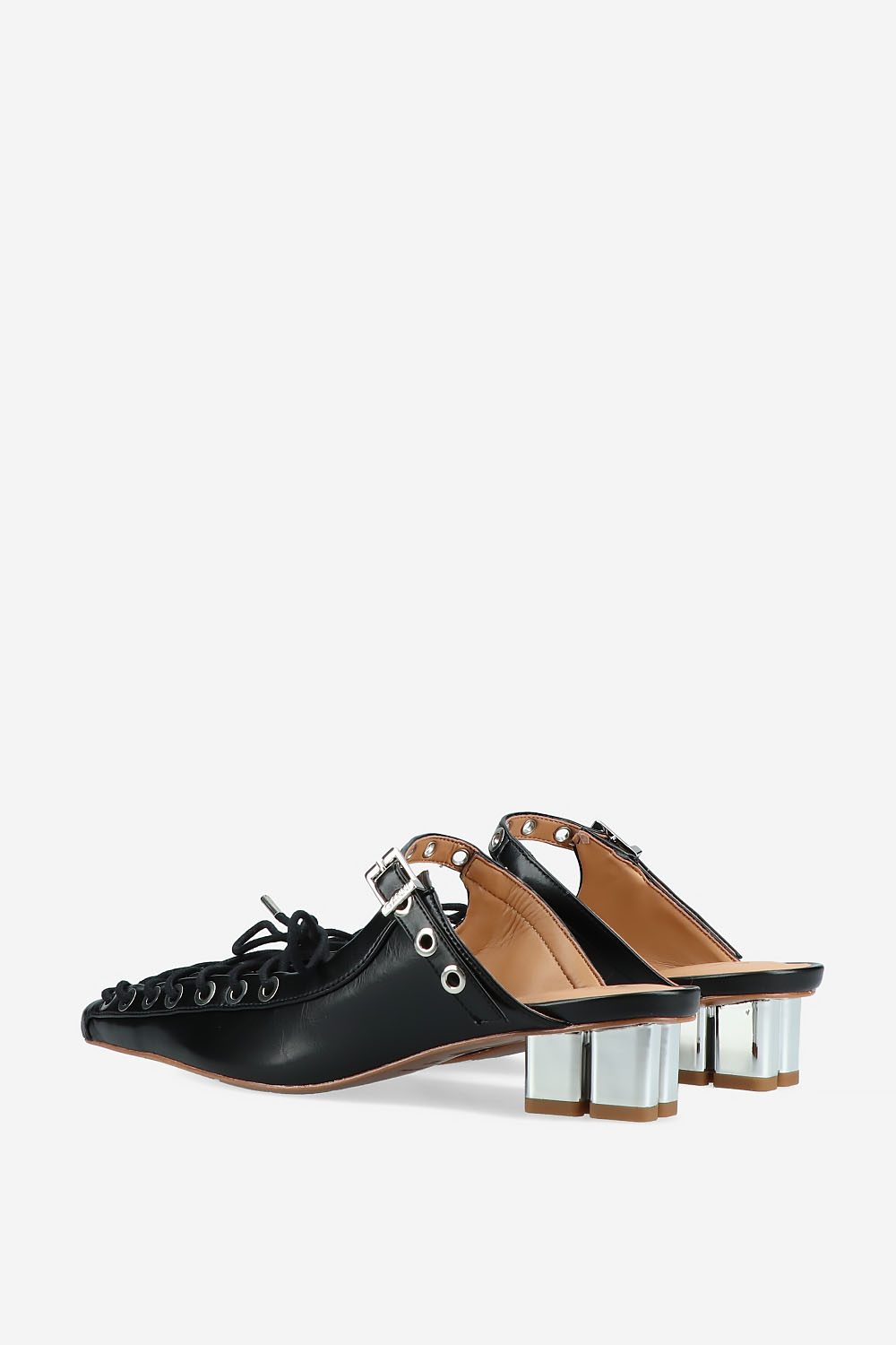 Eyelets lace up crinkle leather mules