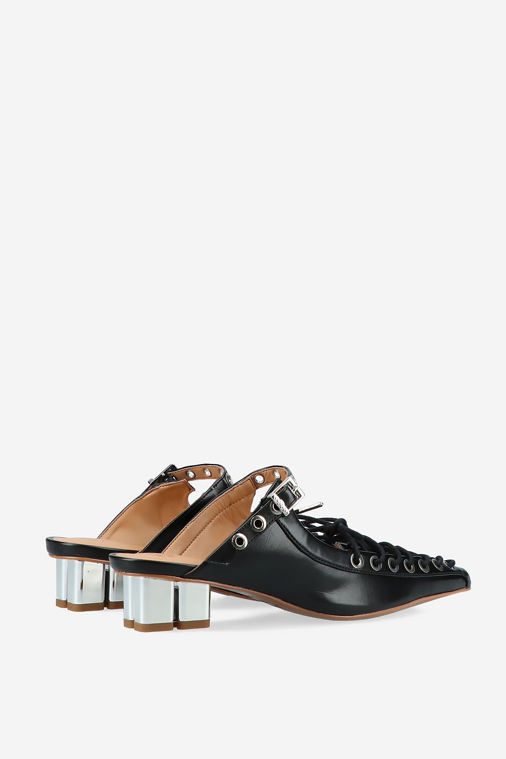 Eyelets lace up crinkle leather mules