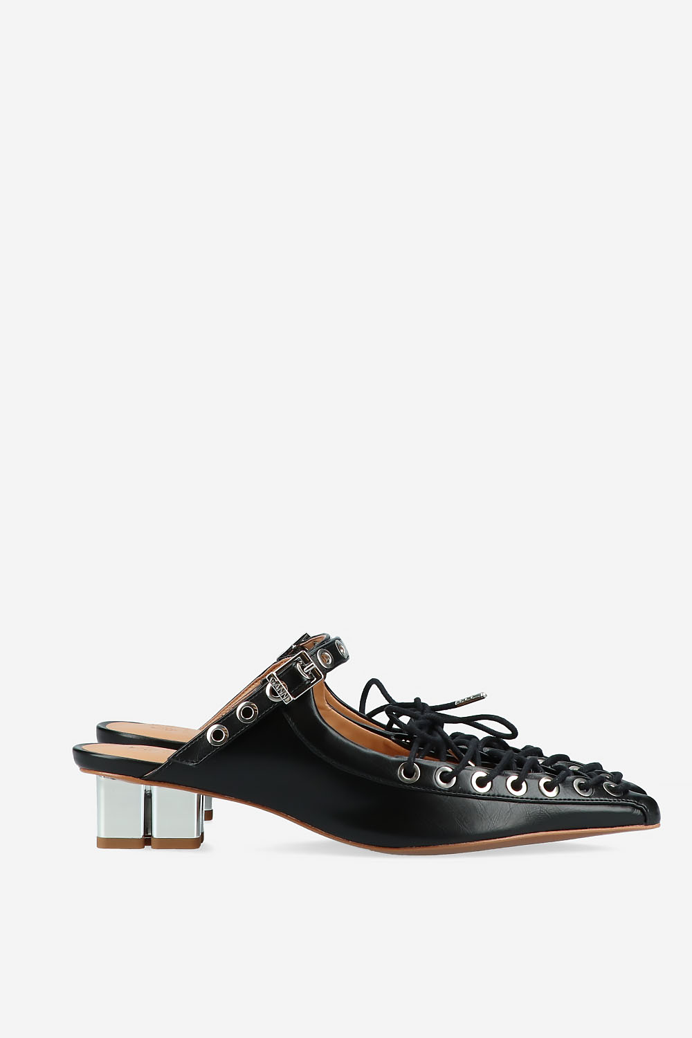 Eyelets lace up crinkle leather mules