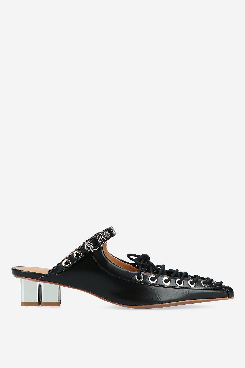 Ganni - Eyelets lace up crinkle leather mules