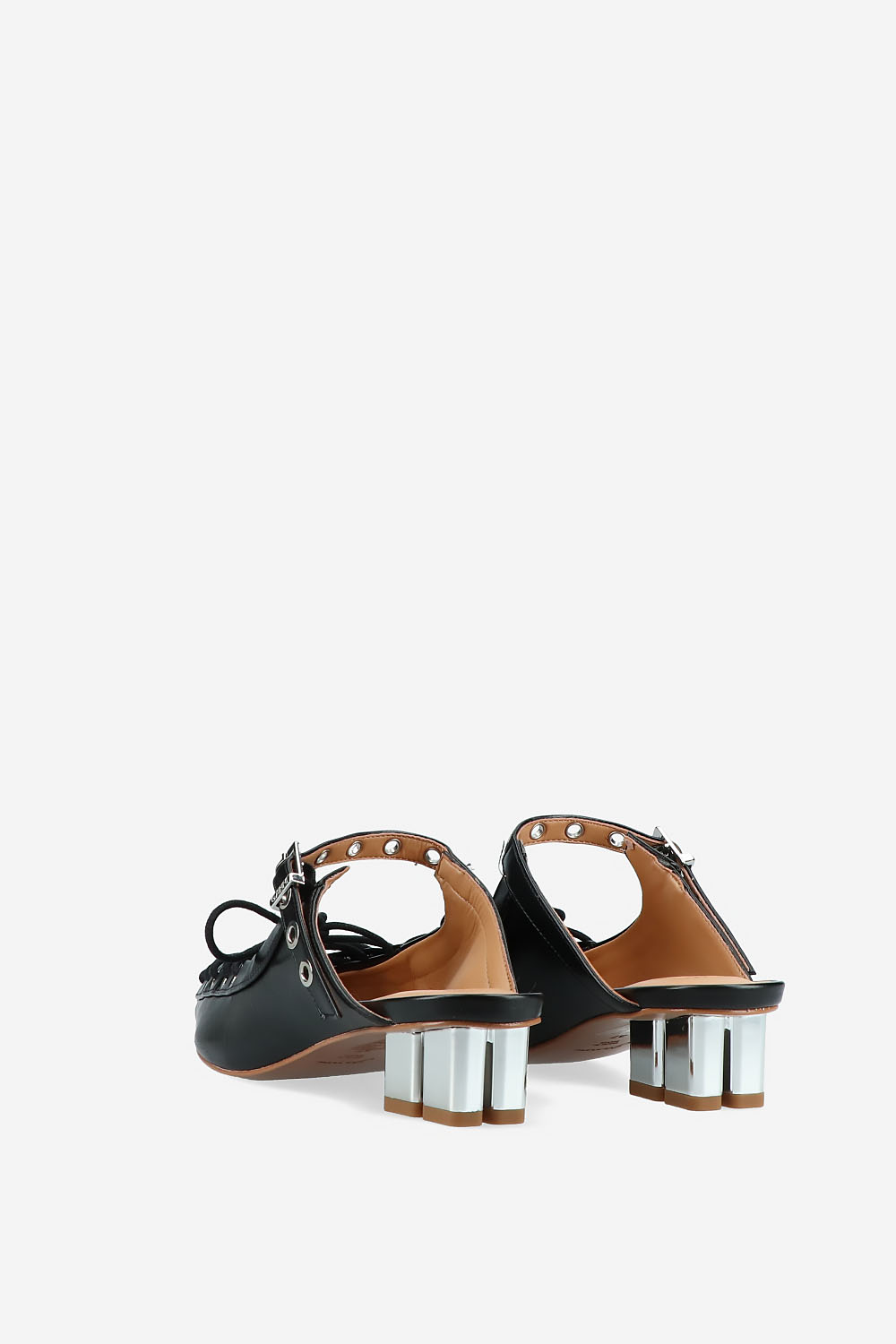 Eyelets lace up crinkle leather mules