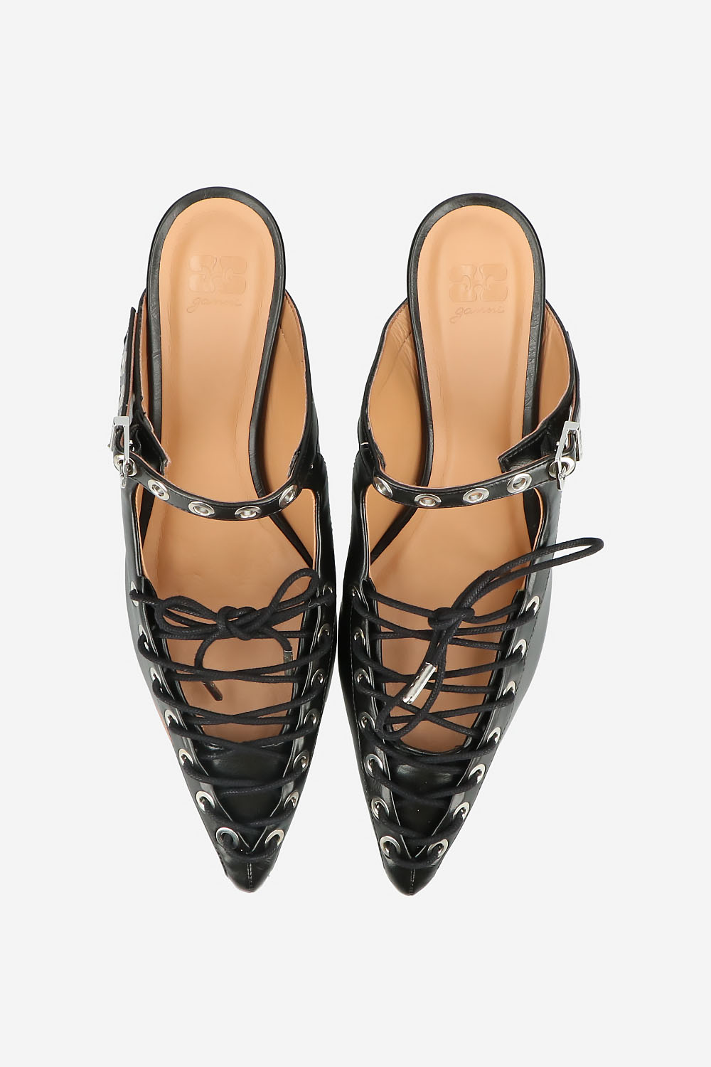 Eyelets lace up crinkle leather mules