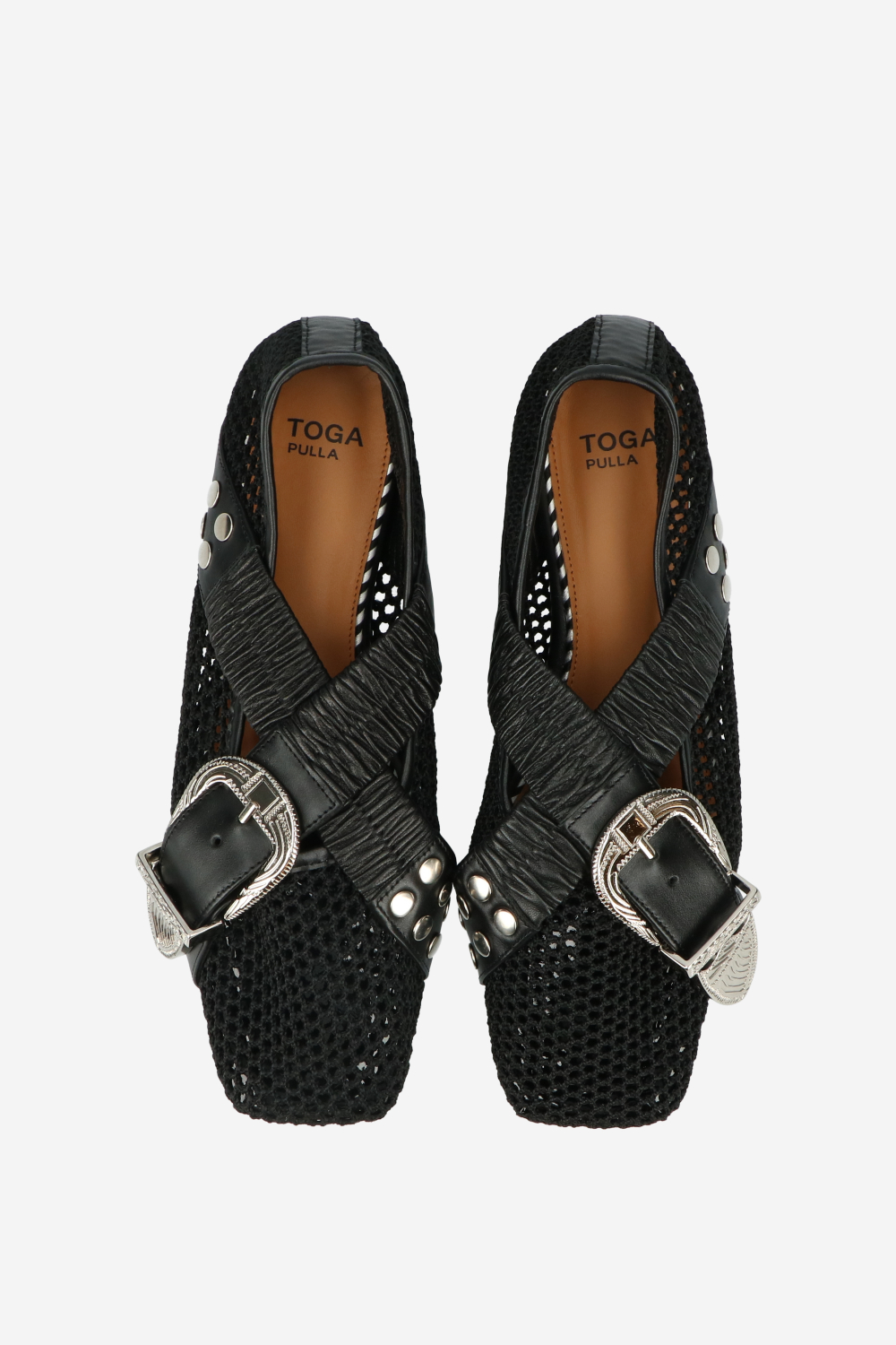 Perforated leather cross strap ballerinas