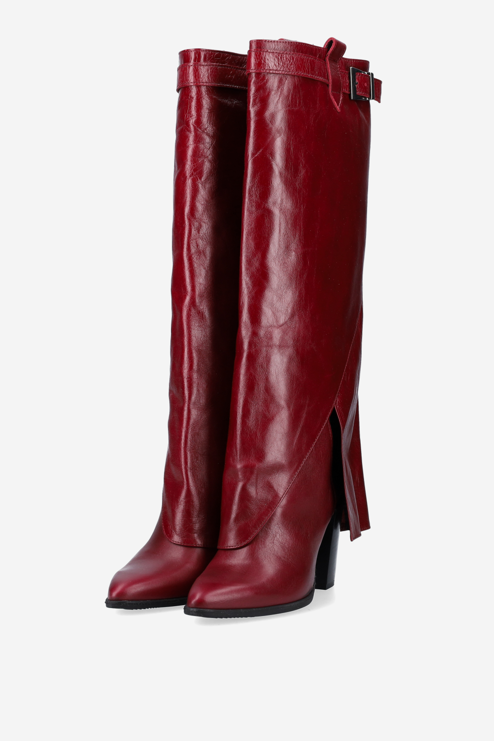 Fold-over leather knee-high boots