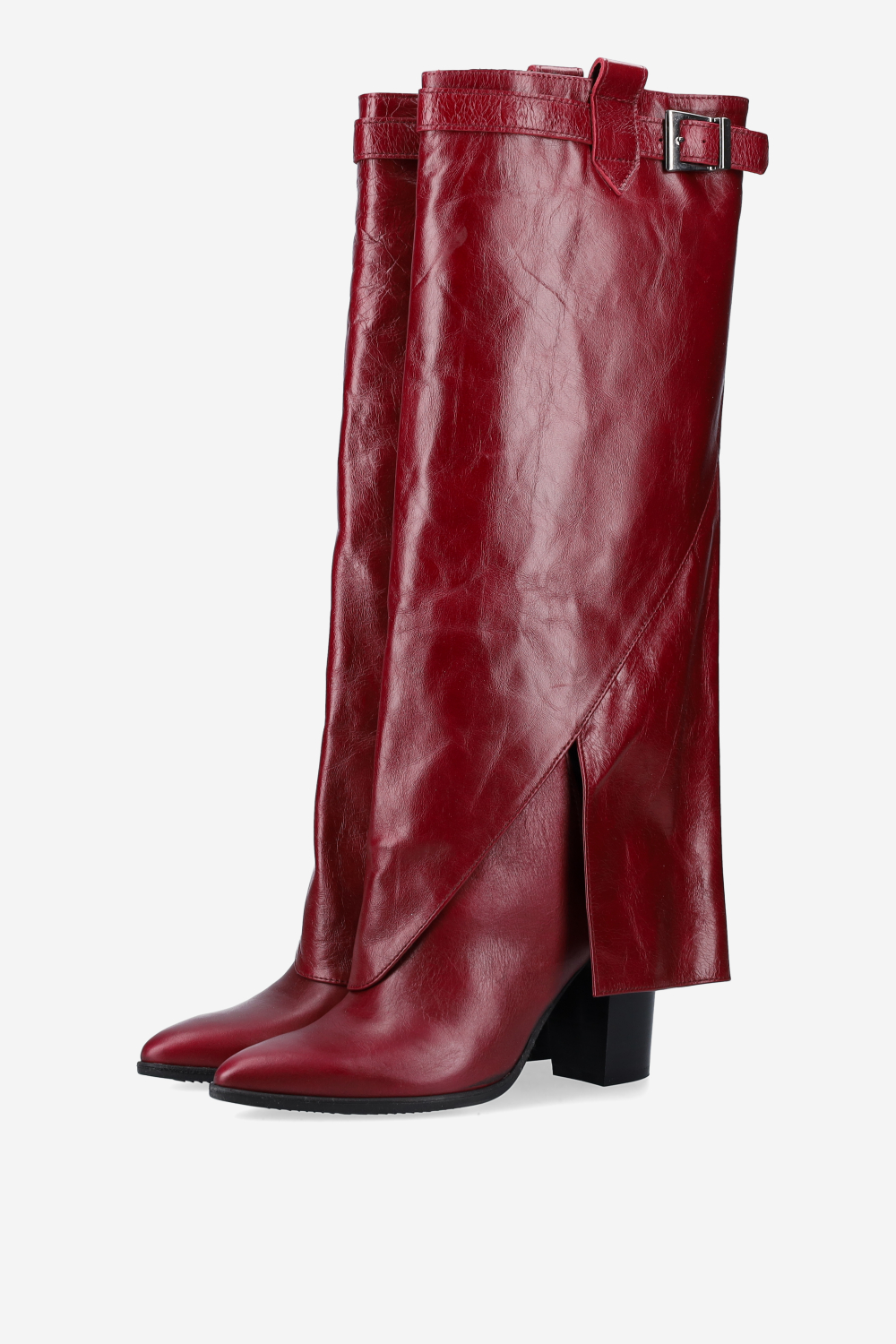 Fold-over leather knee-high boots