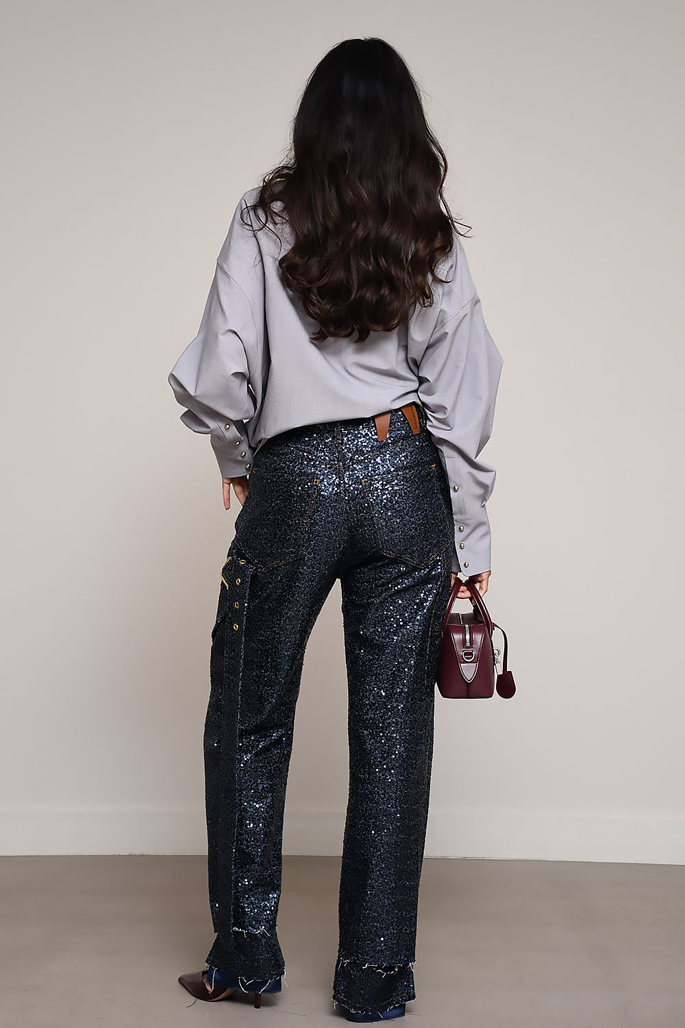 Lisa belt adorned loose fit pailettes pants