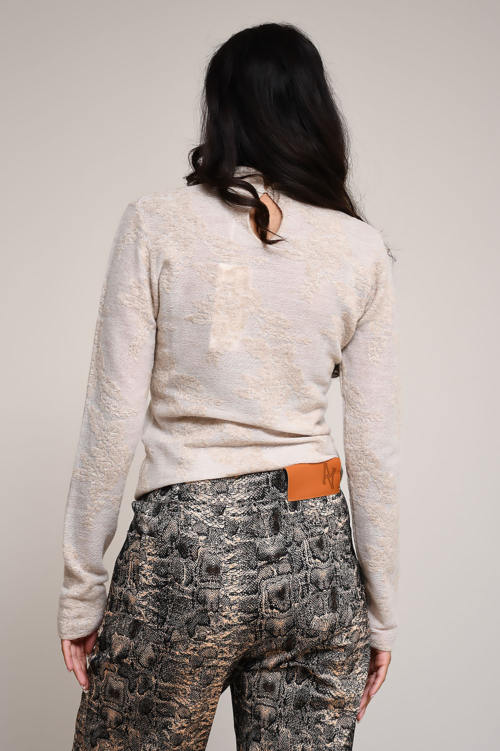 Sheer flower jacquard mockneck