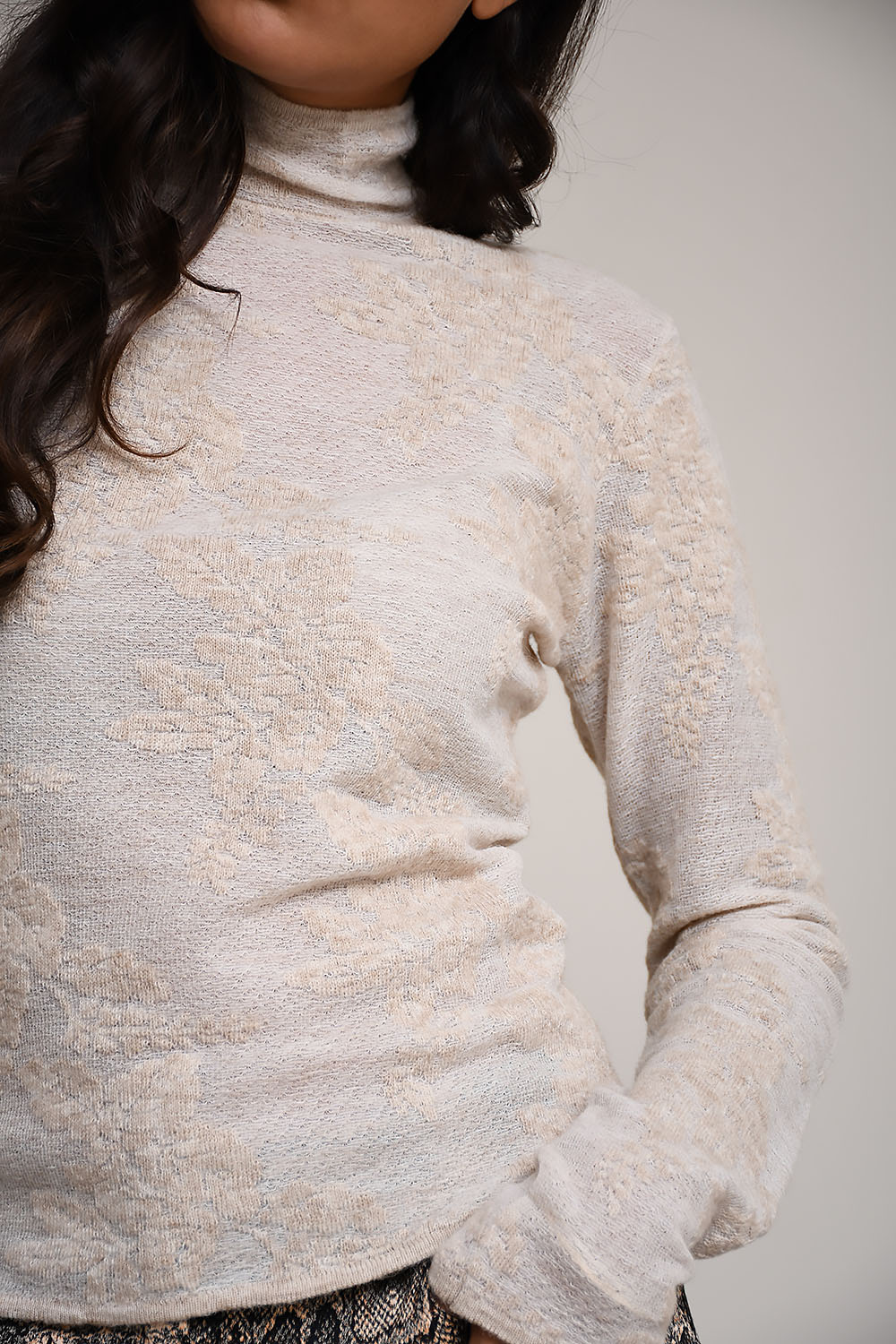 Sheer flower jacquard mockneck