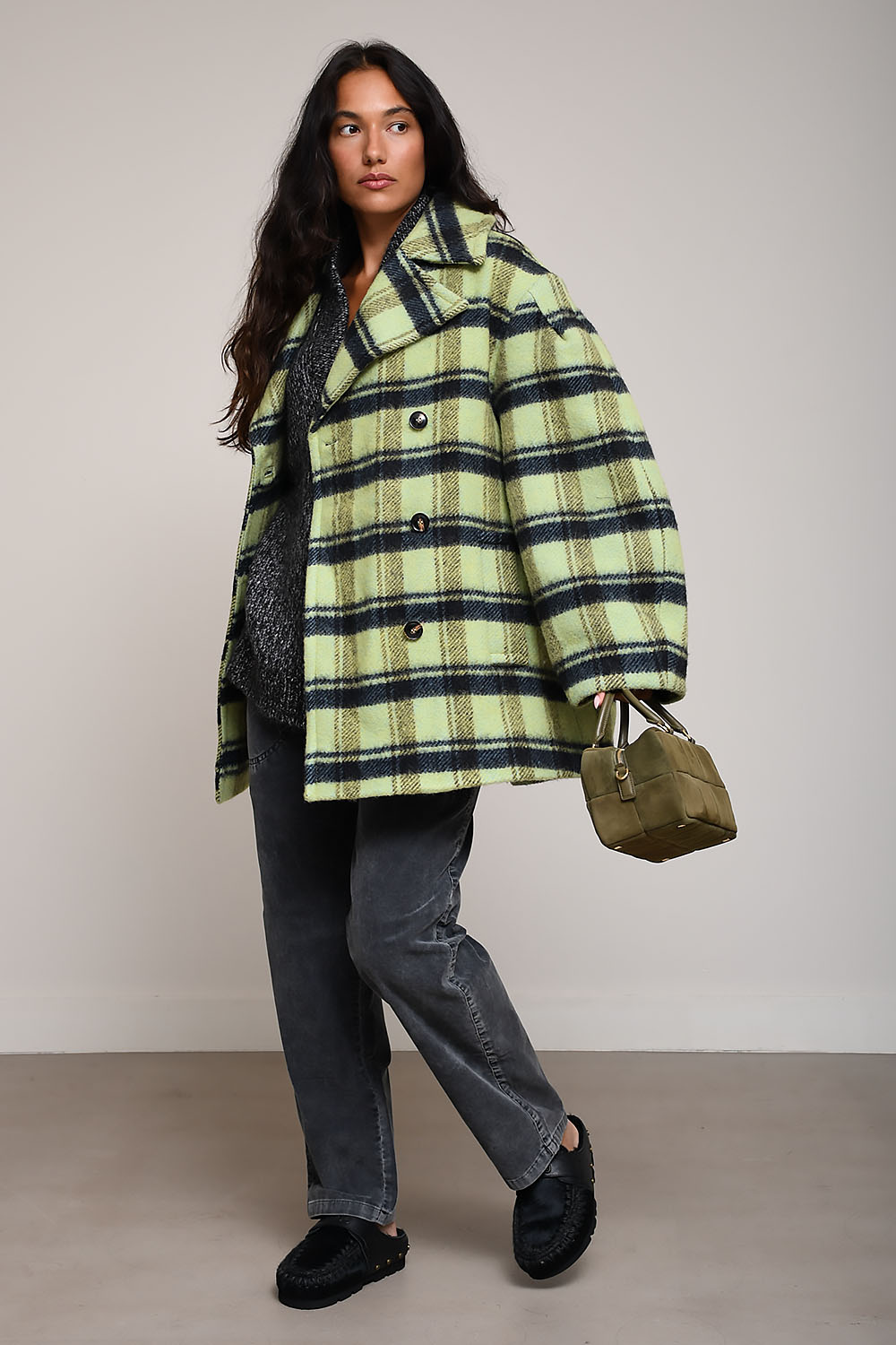 Ganni - Brushed wool check midi coat