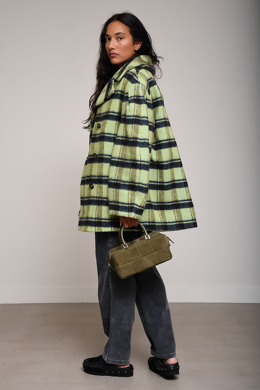 Brushed wool check midi coat