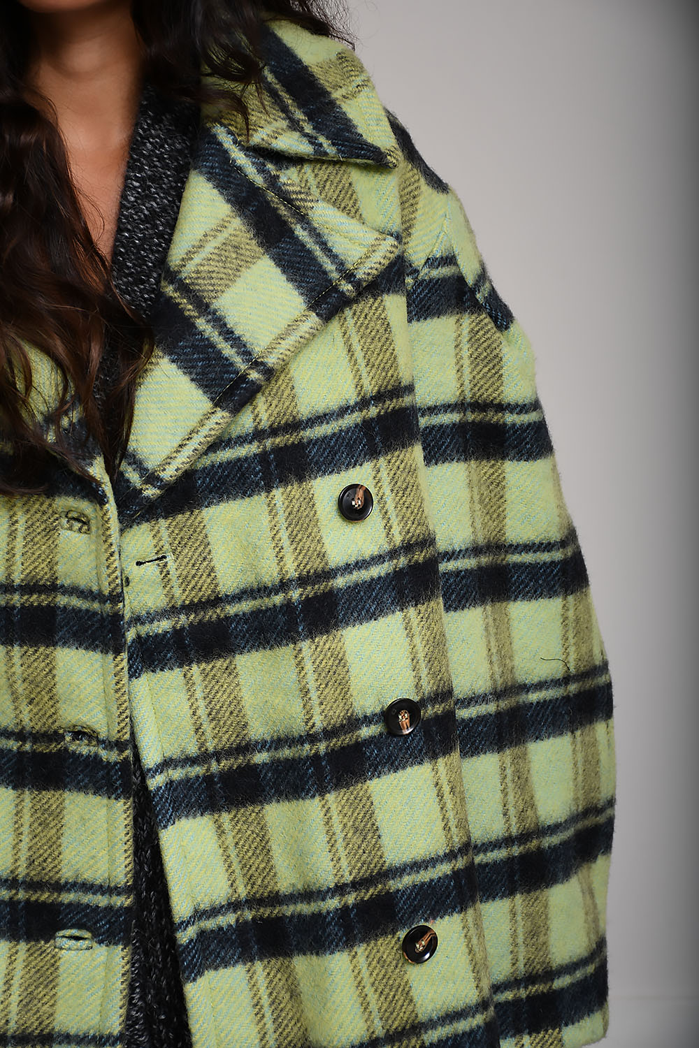 Brushed wool check midi coat