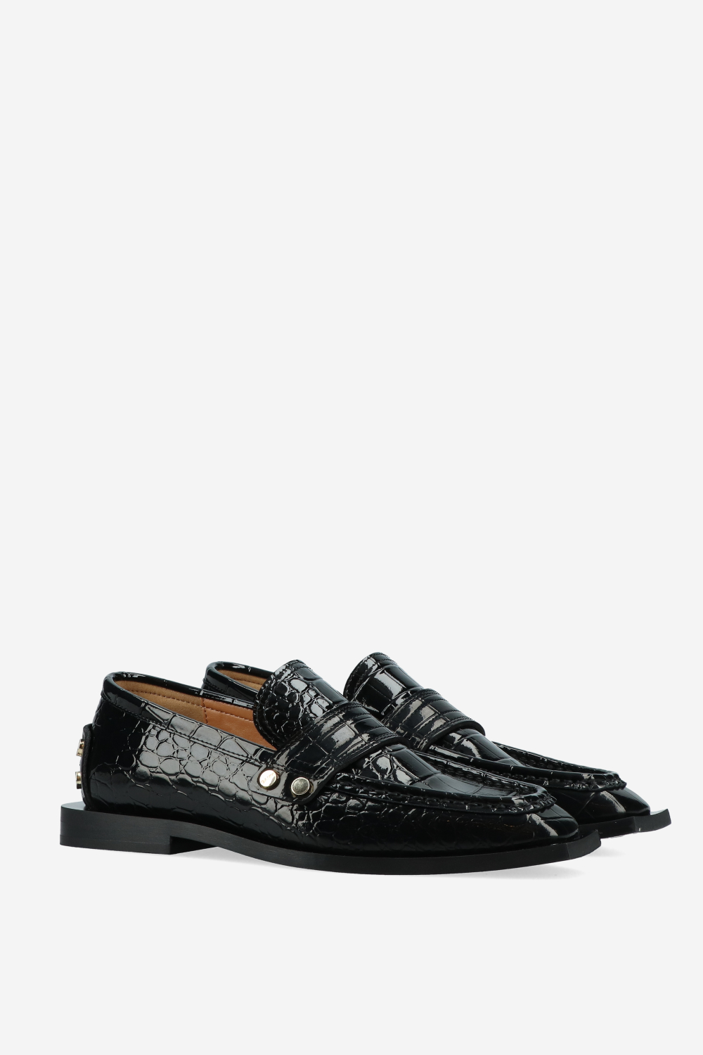 Studs square toe shiny croco loafers