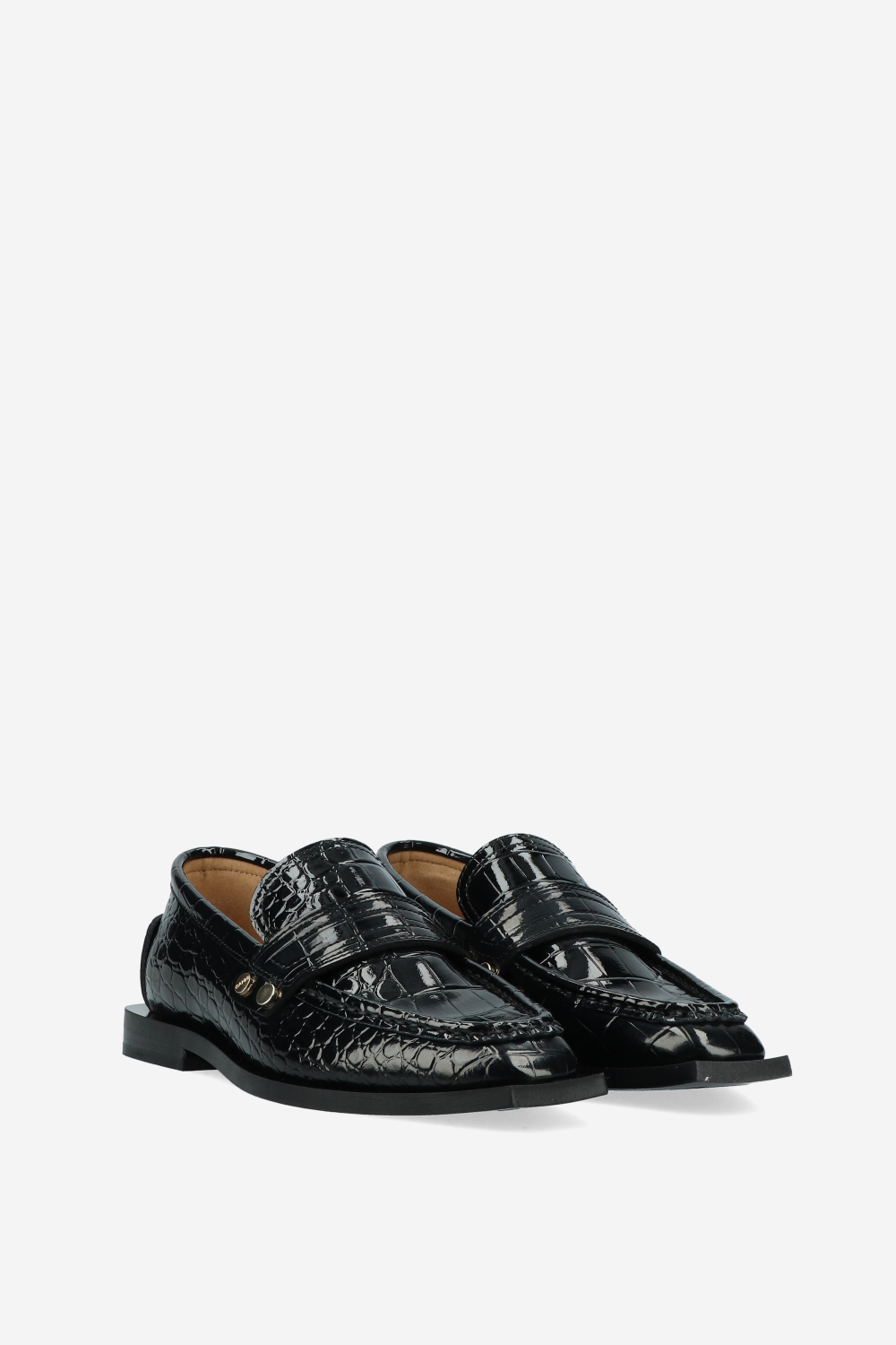 Studs square toe shiny croco loafers