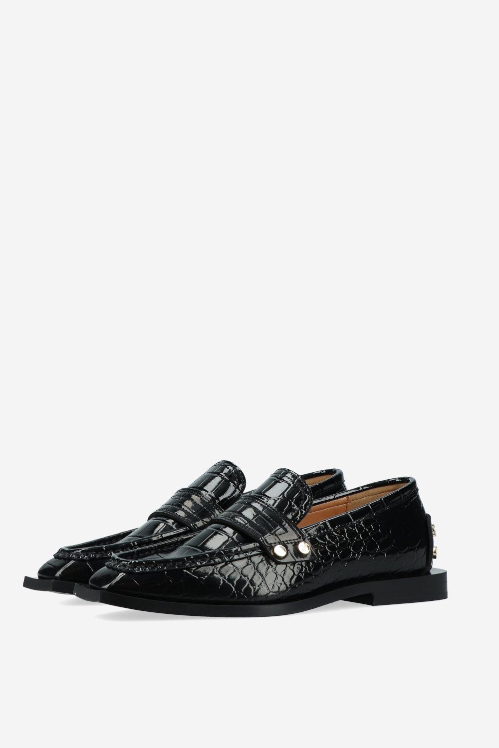 Studs square toe shiny croco loafers