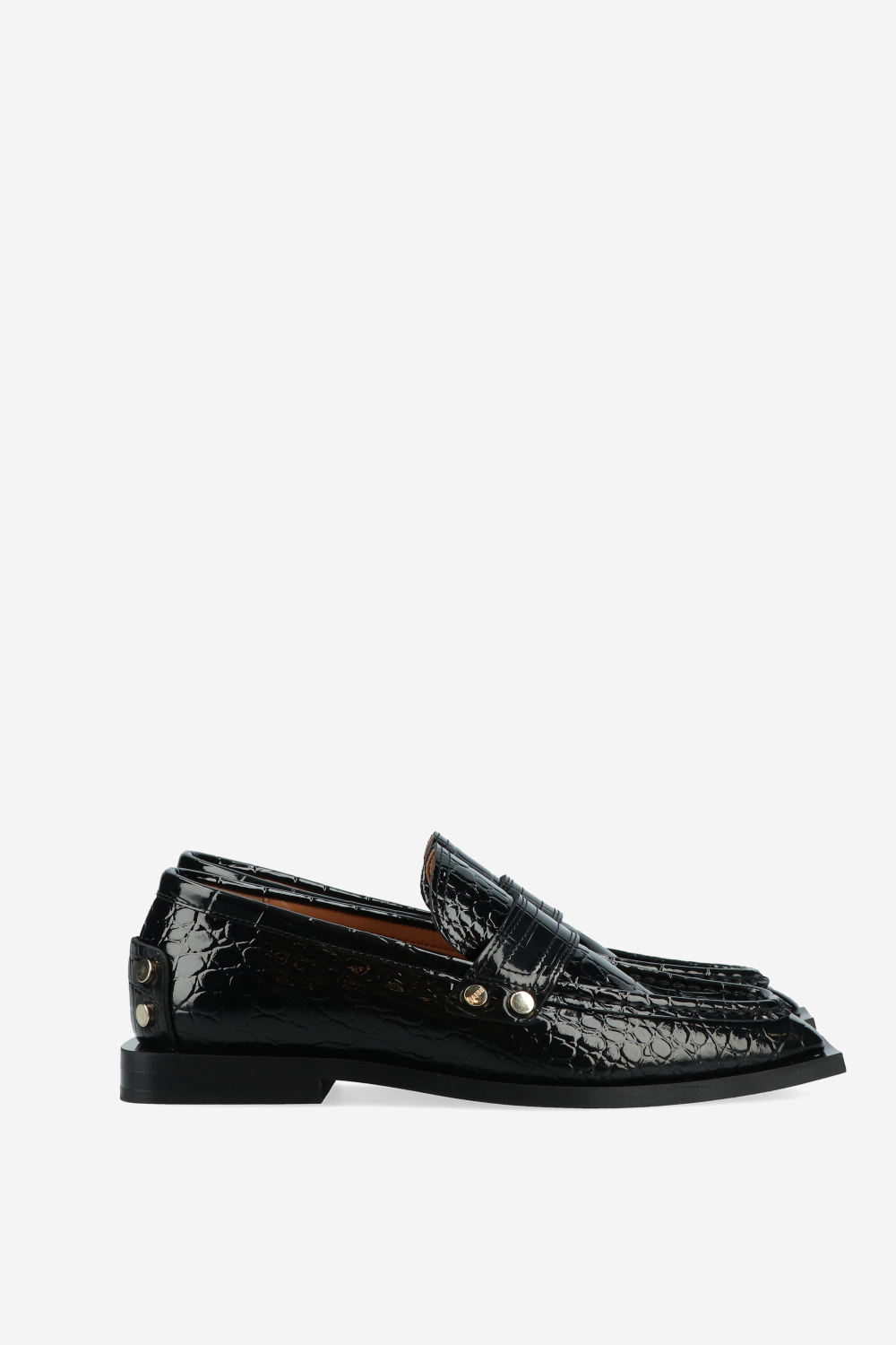 Studs square toe shiny croco loafers