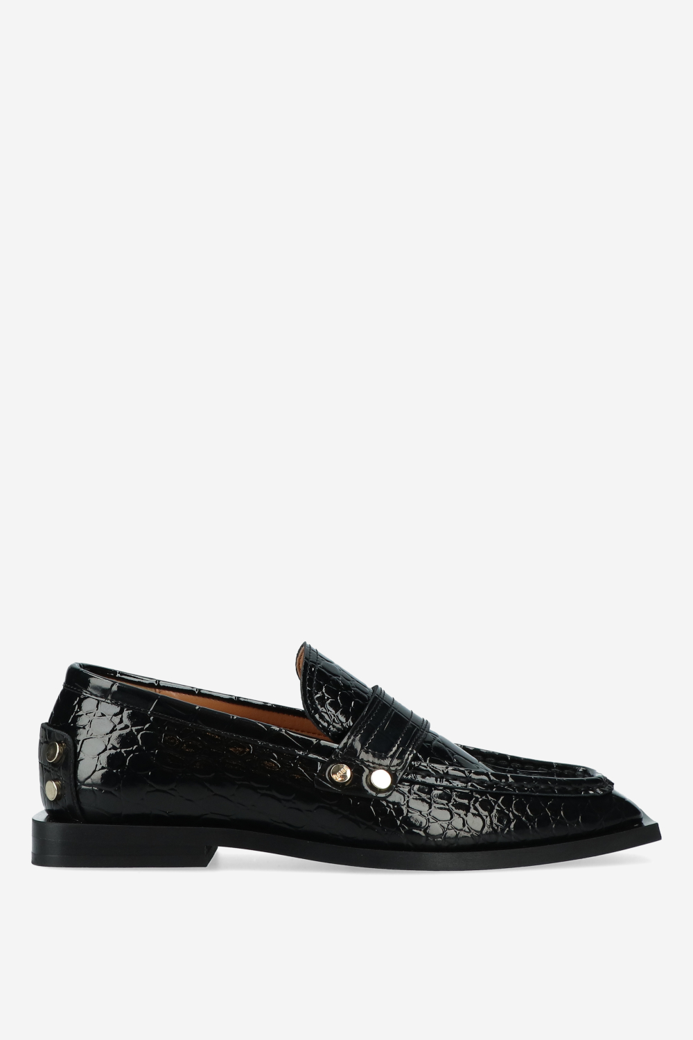 Ganni - Studs square toe shiny croco loafers