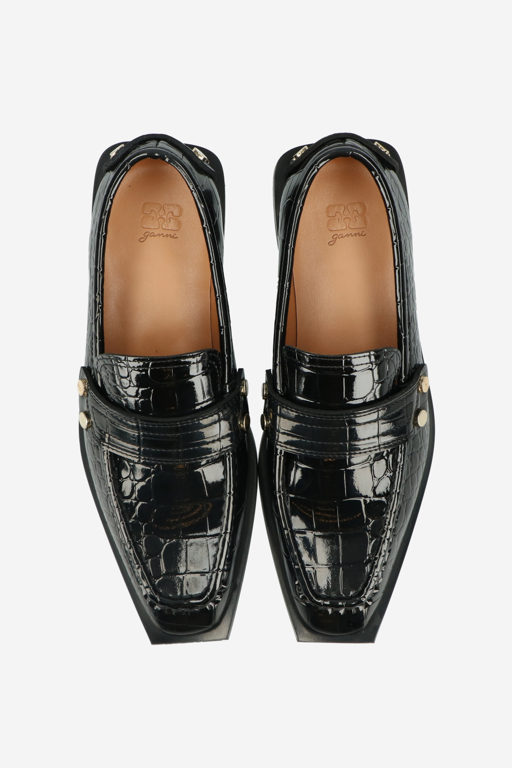 Studs square toe shiny croco loafers
