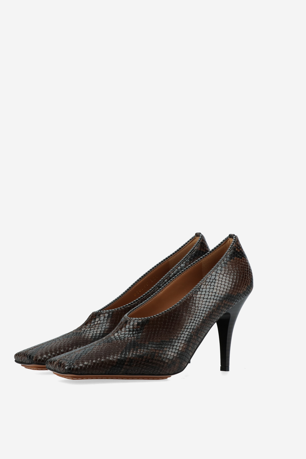 Square-toe snake stiletto pumps
