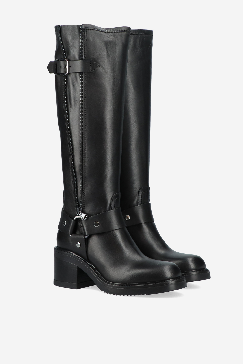 Buckled knee-high leather boots