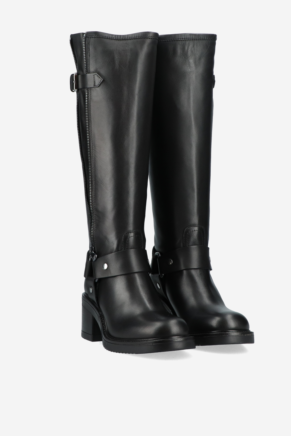 Buckled knee-high leather boots