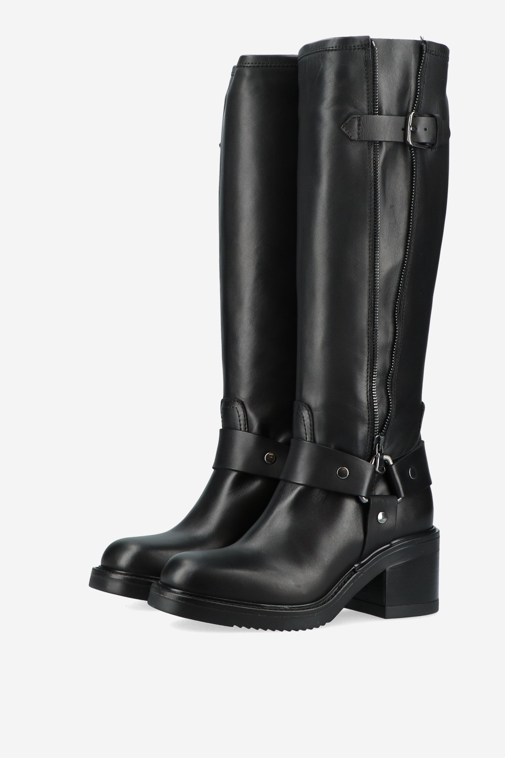 Buckled knee-high leather boots