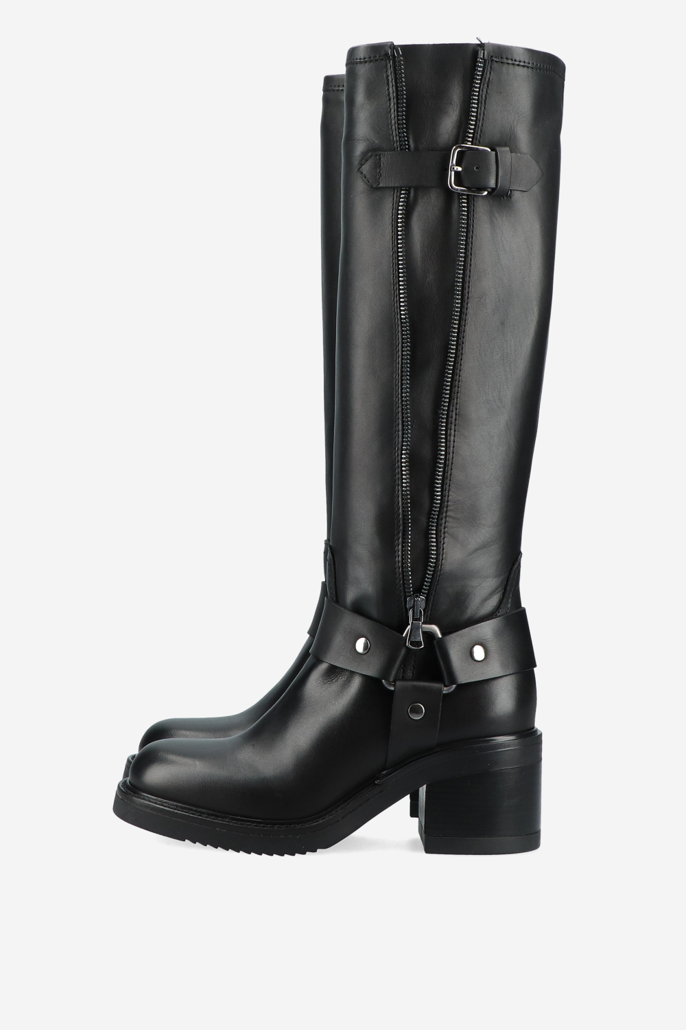 Buckled knee-high leather boots