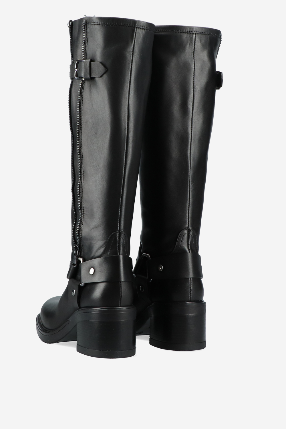 Buckled knee-high leather boots