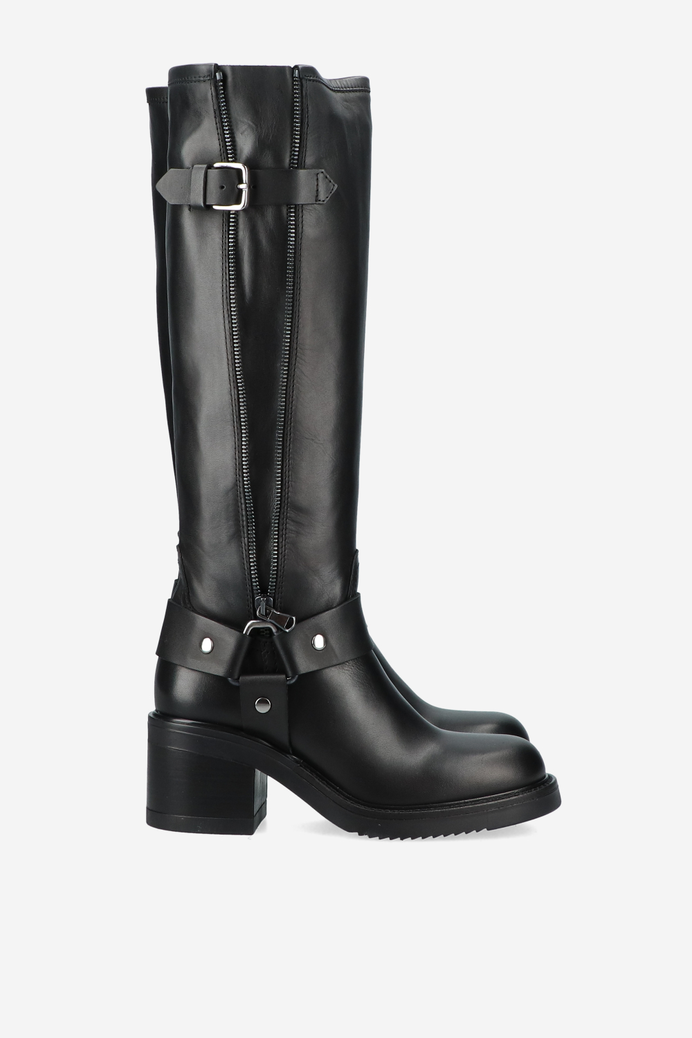 Buckled knee-high leather boots
