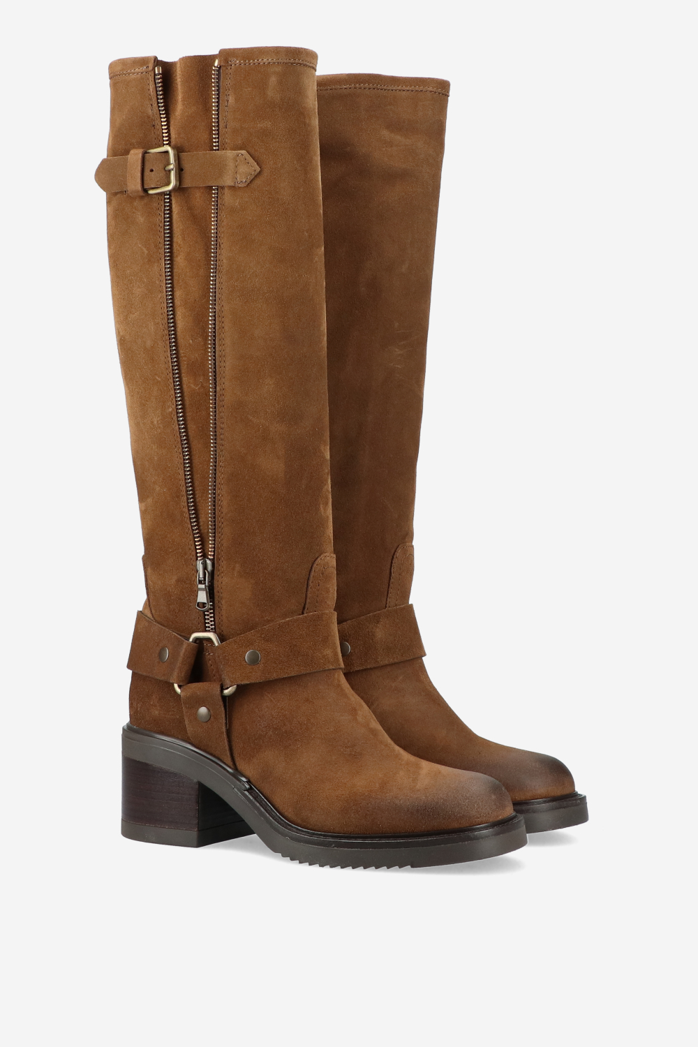 Buckled knee-high suede boots