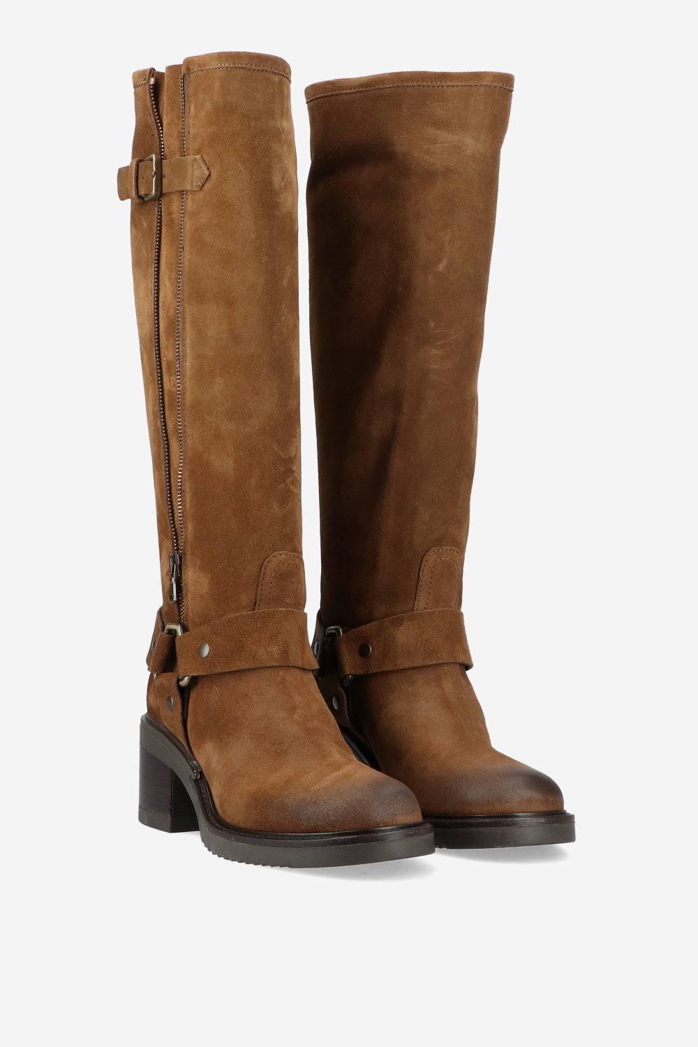 Buckled knee-high suede boots