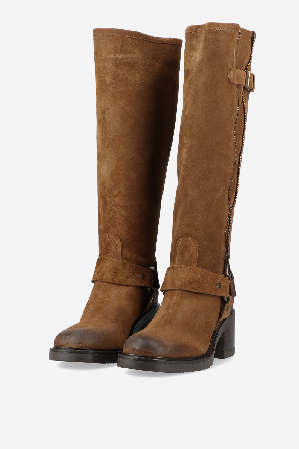 Buckled knee-high suede boots