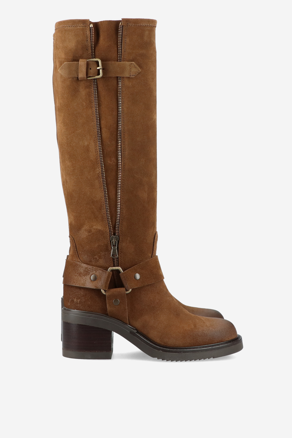 Buckled knee-high suede boots