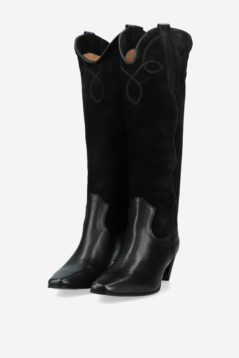 Embroidered suede/leather boots