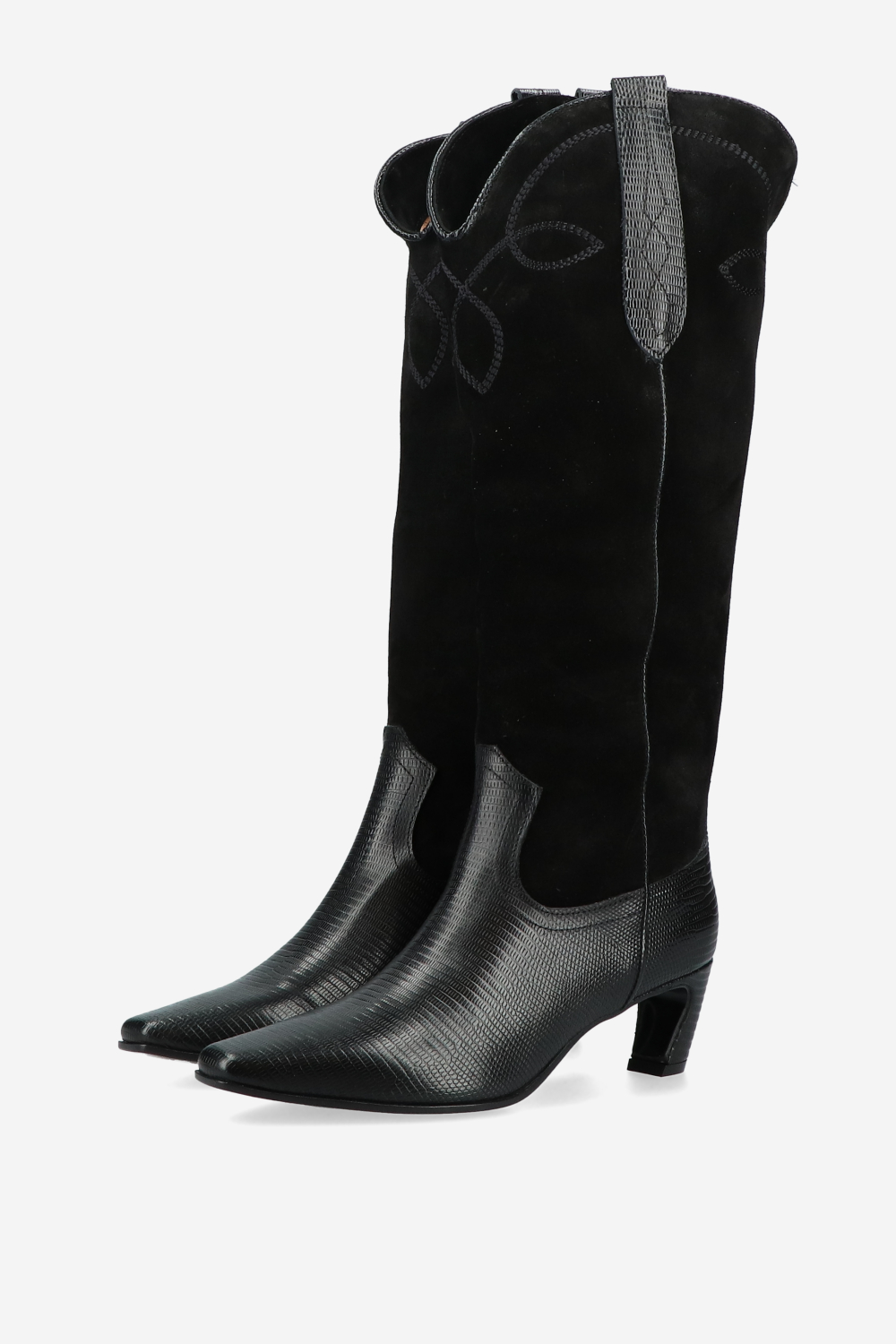 Embroidered suede/leather boots