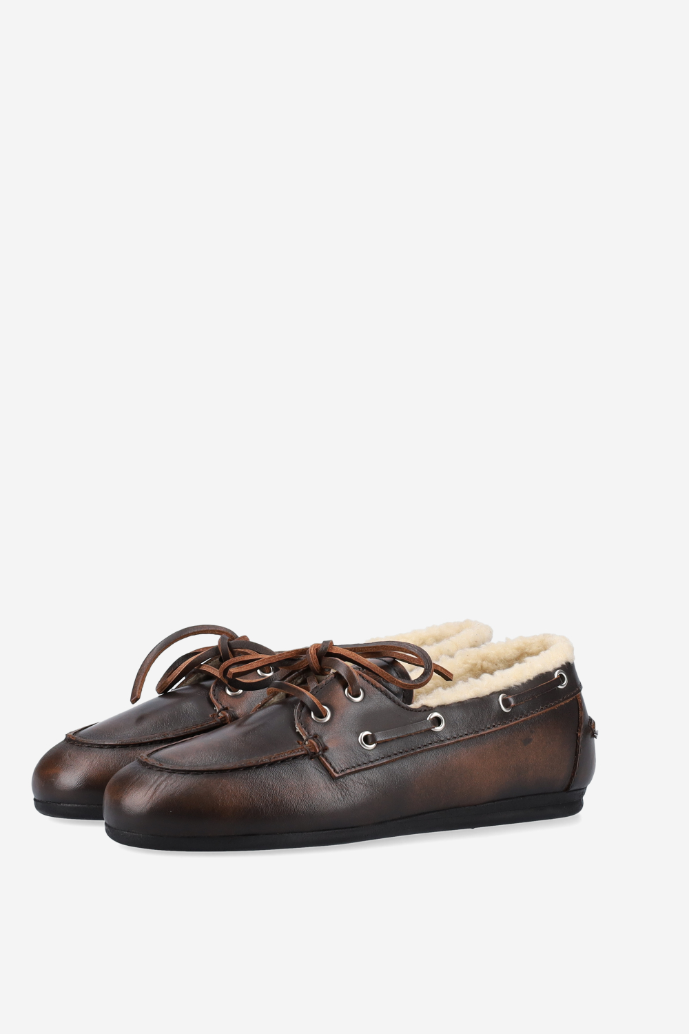 Brushed leather shearling boat loafers