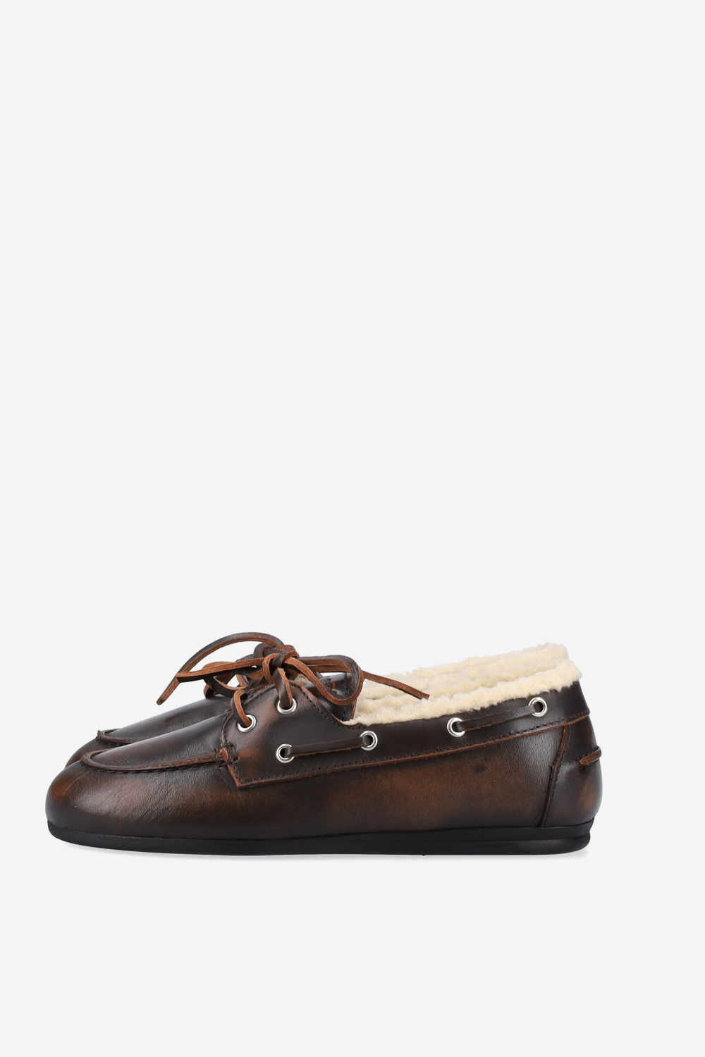 Brushed leather shearling boat loafers
