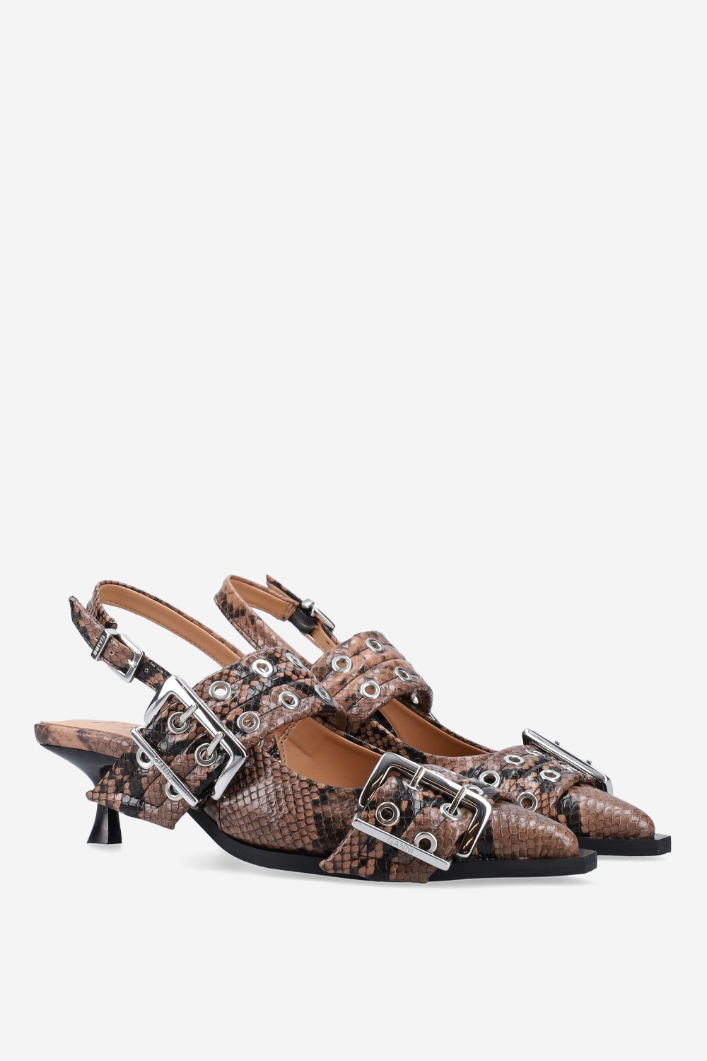Feminine buckle kitten snake heeled slingbacks