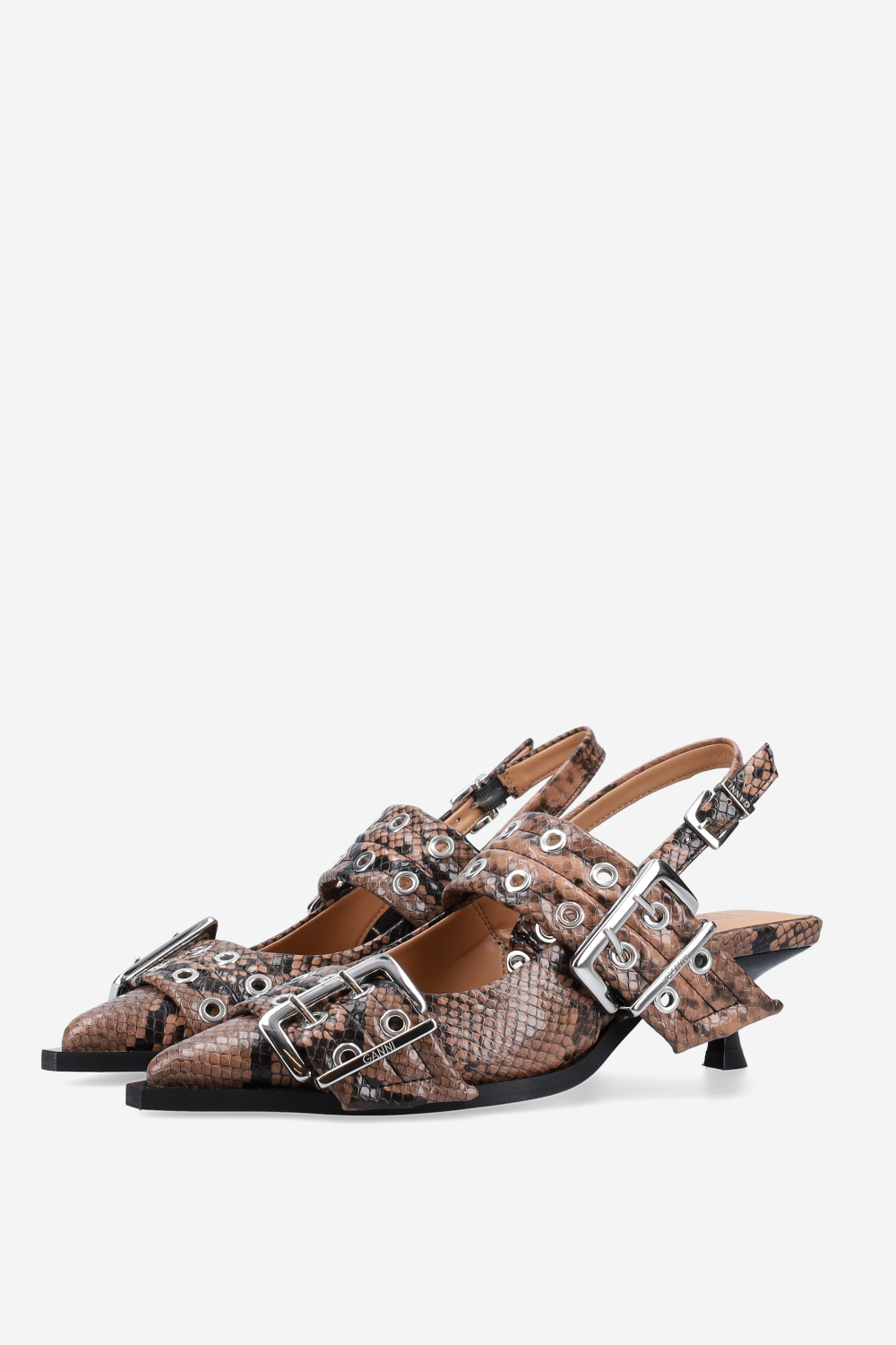 Feminine buckle kitten snake heeled slingbacks