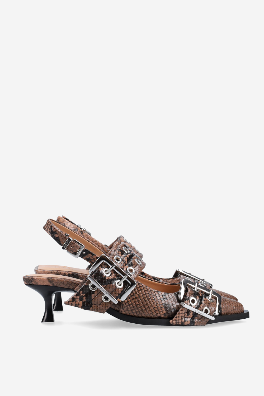 Feminine buckle kitten snake heeled slingbacks