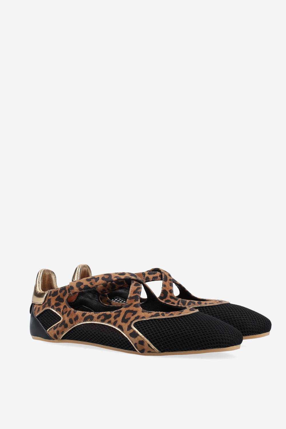 Cross-over printed leather/mesh ballerinas