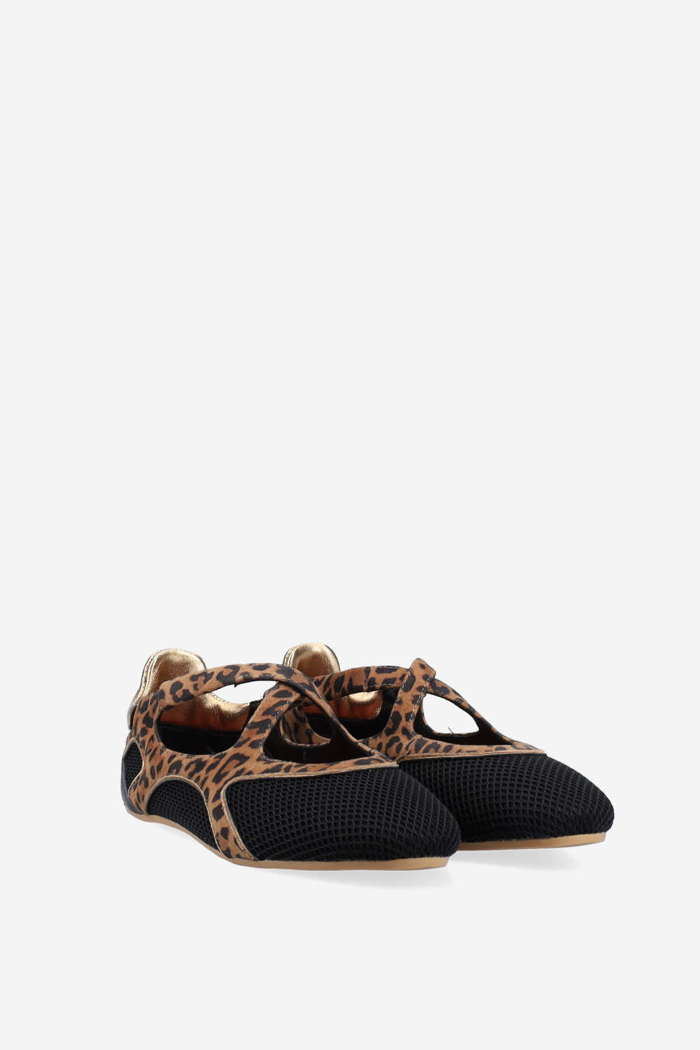 Cross-over printed leather/mesh ballerinas