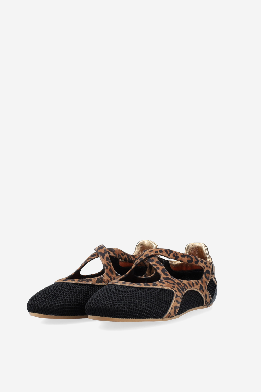 Cross-over printed leather/mesh ballerinas