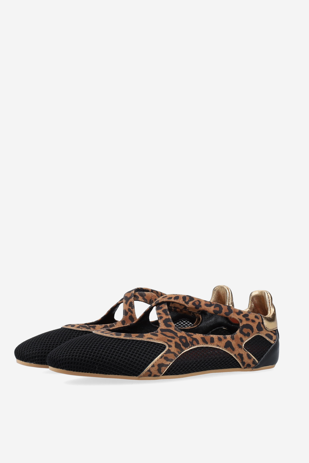 Cross-over printed leather/mesh ballerinas