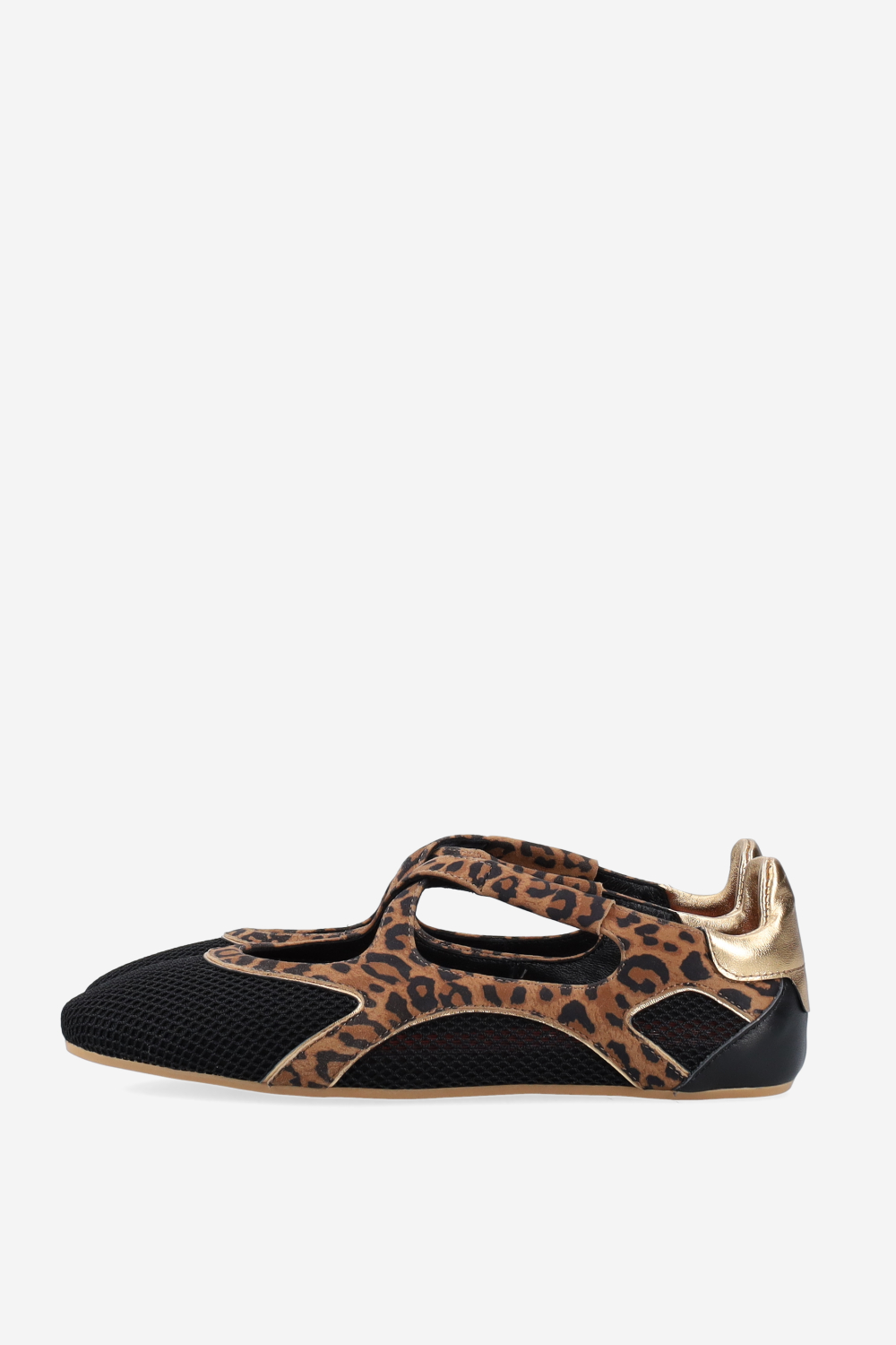 Cross-over printed leather/mesh ballerinas